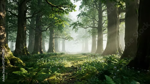 Majestic slow push-in shot revealing a hidden clearing in a dense, misty forest bathed in diffuse morning light light, dreamy, natural beauty