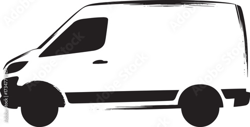 Modern delivery van silhouette side view; commercial vehicle outline on transparent background