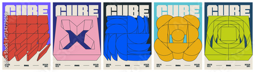 Postmodern abstract geometric trendy simple modern set poster with isometric 3D cube shape in brutalism aesthetics, vector avant-garde ornament, Contemporary art bold minimalistic compositions, 