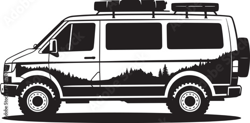 Off-road camper van with mountain landscape graphic decal