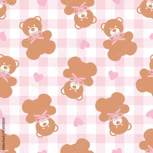Cute Teddy Bears and Hearts on Pink Gingham