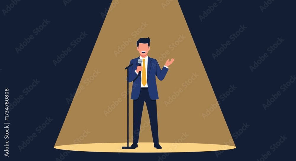 Fototapeta premium A Business Man Giving a Presentation on Stage Under a Spotlight Ready to Deliver