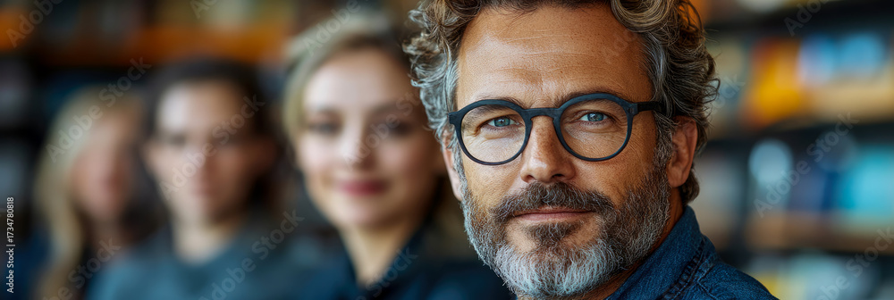 Fototapeta premium Confident and experienced diverse business team leader with smart glasses and grey beard, looking directly at camera, with blurred team in background