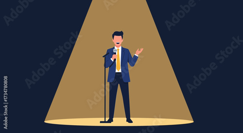A Business Man Giving a Presentation on Stage Under a Spotlight Ready to Deliver
