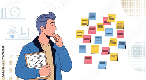 A businessman contemplating solutions amidst sticky notes and a clipboard, planning concept