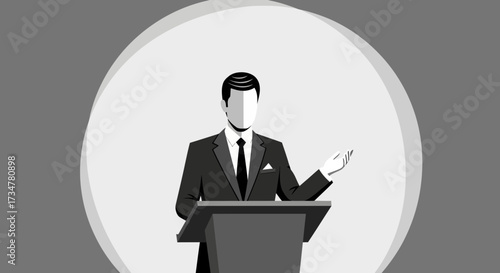 A businessman in a suit gives a speech from a podium simple vector illustration