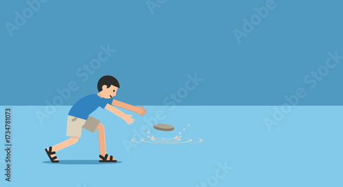 A cartoon illustration of a boy skipping a stone on water on a sunny day