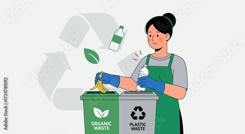 A cartoon illustration of a person sorting waste into organic and plastic recycling bins