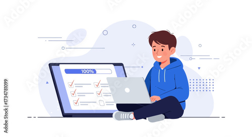 A cartoon illustration of person completing a task on a laptop that is 100% done