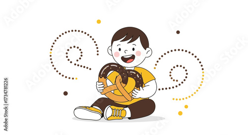 A cheerful child holding a pretzel, illustration of a happy kid with a baked treat