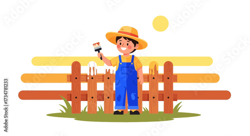 A cheerful child paints a fence outdoors, a illustration of art and childhood work