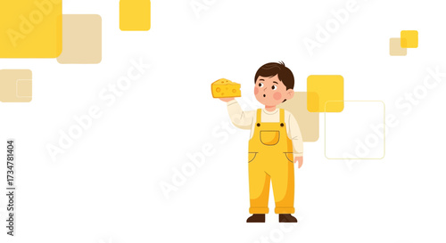 A Cheerful Young Person Holding Cheese Against a Backdrop of Abstract Geometry