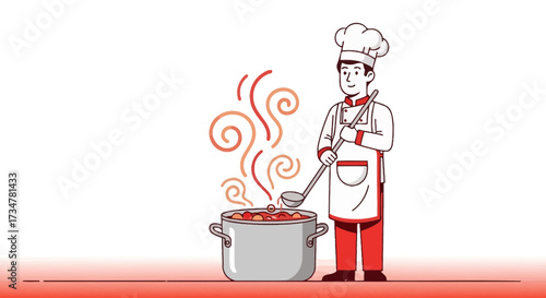 A Chef Cooking Stew in a Pot: Illustration of Culinary Process and Delicious Food