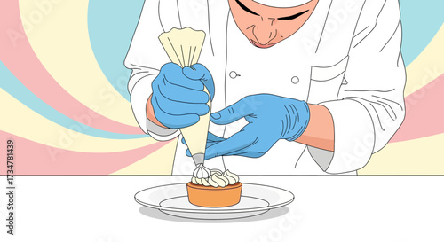 A chef decorates a tart with cream using a piping bag in a colorful illustration
