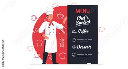A Chef Presenting Menu: Modern Illustrated Restaurant Scene with Culinary Offerings