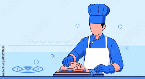 A Chef Prepares Fresh Fish In a Kitchen, Seafood Preparation Illustration