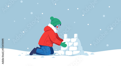 A child building a snow igloo on a snowy day, winter activities for kids
