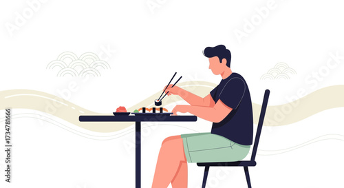 A Person Relishing Sushi, Isolated in a Modern Minimalist Setting for Dining Pleasure.