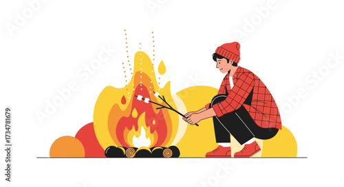 A person roasting marshmallows over a campfire in a flat vector illustration design