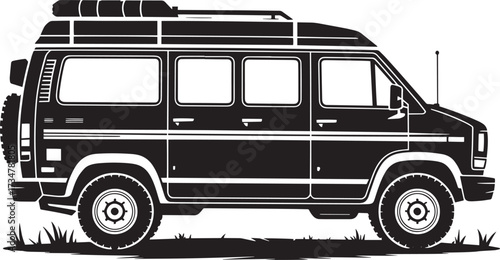 Side view old school van with spare wheel and roof rack