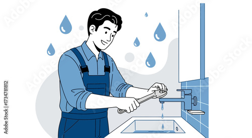 A plumber fixing a leaky faucet in a bathroom, repair with a wrench