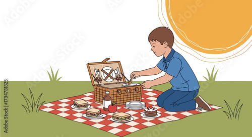 A Pleasant Afternoon Picnic Scene Featuring A Young Boy And Food On A Blanket