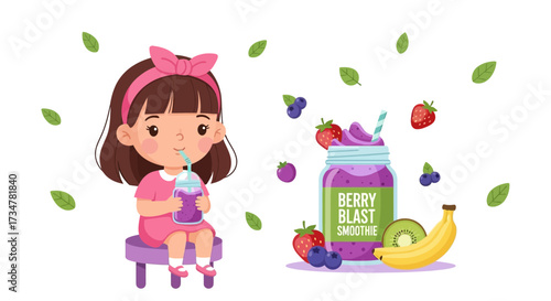 A cute girl enjoying a colorful berry blast smoothie with fruits illustration