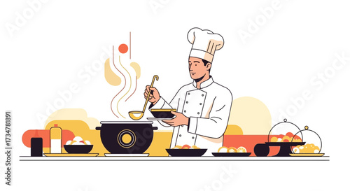 A Professional Chef Preparing and Tasting High-Quality Dishes in a Modern Kitchen Setting
