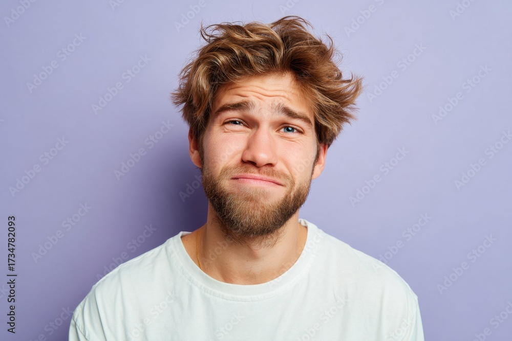 Fototapeta premium Playful young man with curly hair against purple background