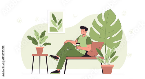 A relaxed man enjoying coffee at home in stylish green interior design and plants
