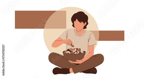 A faceless person eating a bowl of mushrooms, in a flat minimalist illustration style