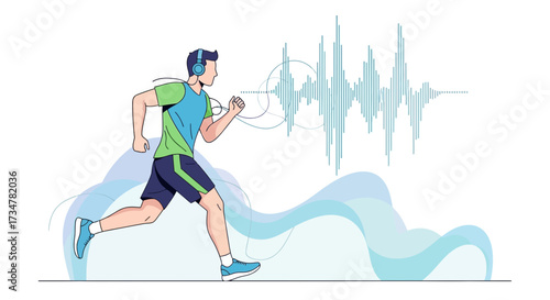 A Runner Listening to Music with Sound Waves Illustration on White Background