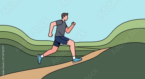 A runner running uphill in nature for a healthy lifestyle and exercise illustration