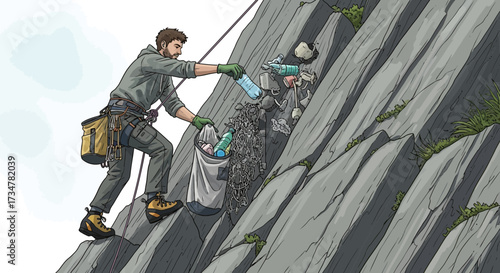 A rock climber collecting trash while climbing to protect and preserve the environment