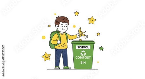 A Schoolboy Discards Banana Peel Into A Compost Bin, Promoting Sustainability Practices