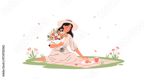 A Serene Picnic Scene Depicting Woman, Flowers, And Blossoms In The Open Air