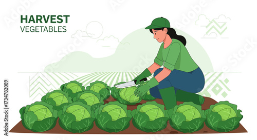 A Farmer Is Harvesting Fresh Green Cabbages In A Lush Agricultural Field