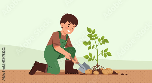 A Smiling Gardener Working on Plant Potato and Preparing His Harvest