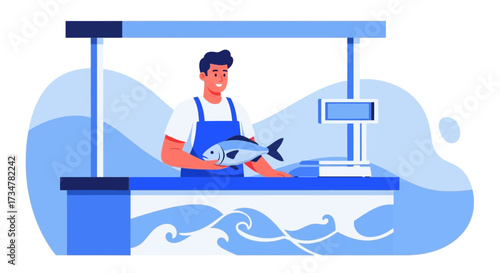 A friendly fishmonger holding a fresh fish at his stall in the fish market