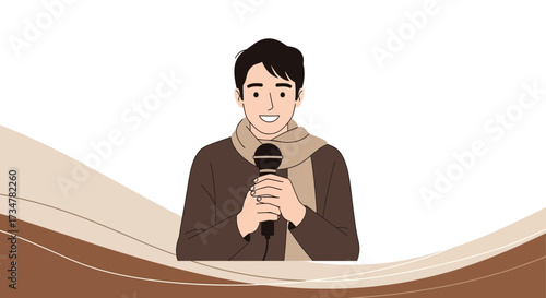 A Smiling Presenter Giving a Speech into a Microphone with a Warm Background