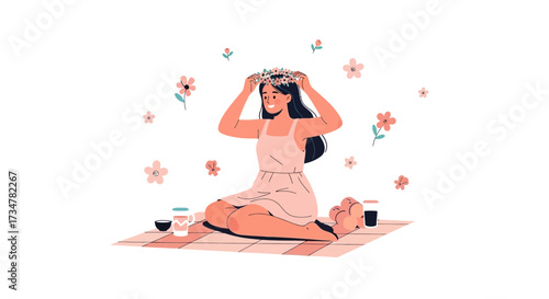 A Smiling Woman Adorning Her Hair With a Delicate Floral Wreath Amongst Blossoms