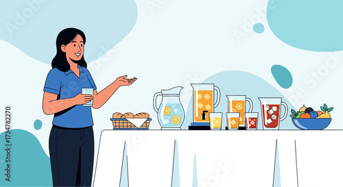 A Smiling Woman Presenting Refreshments With Various Drinks And Snacks On A White Table