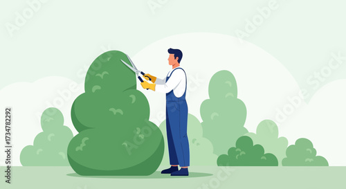 A gardener pruning a bush with large clippers in a well-kept garden illustration