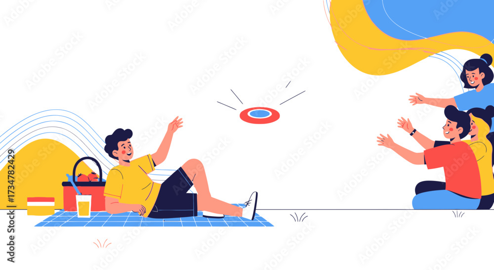 Obraz premium A Group Of Friends Playing Frisbee During A Sunny Picnic Creating New Memories Together