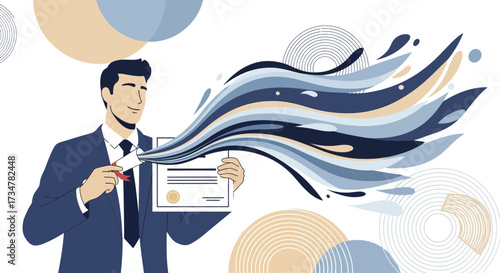 A Successful Man Holding A Certificate With Abstract Stream Of Imagination