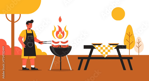 A Summer Cookout: A Man Grilling Sausages at a Picnic Table Under a Bright Sun