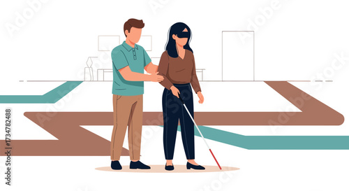 A Supportive Person Helping a Visually Impaired Person Walk Safely with a Cane