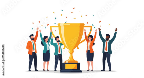 A Team Celebrates Victory, Trophy Represents Achievement and Successful Collaboration
