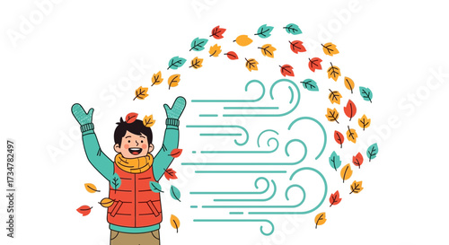 A happy child playing with falling leaves in autumn season on white background
