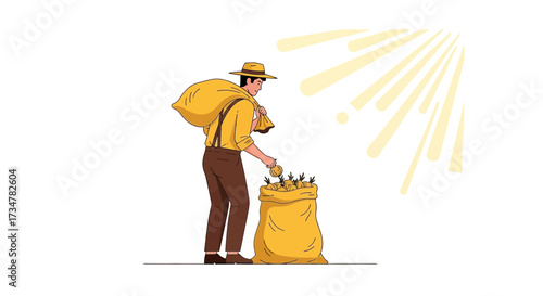 A Harvest Scene Depicting a Farmer, Sacks, and Sunshine Elements in an Illustration